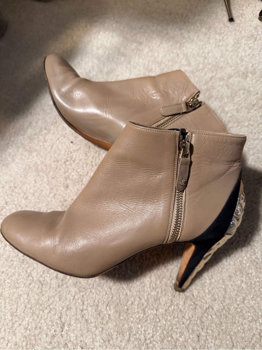 CHANEL Beige Leather Ankle Booties with Sculpted Gold Heel